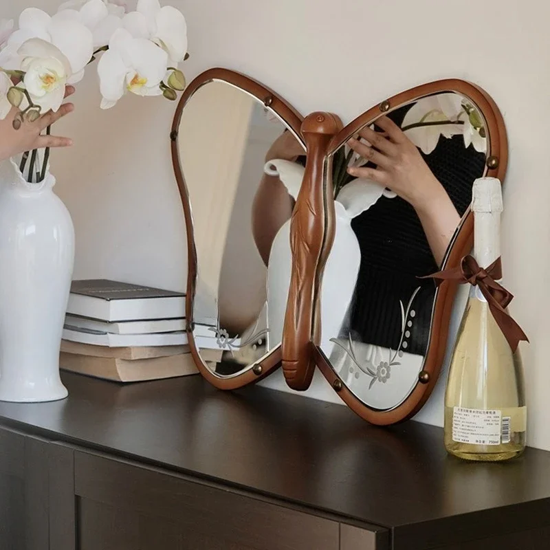 Espejo de mariposa Medieval de madera maciza, espejo decorativo francés tallado a mano de madera artística, colgante retro de forma especial