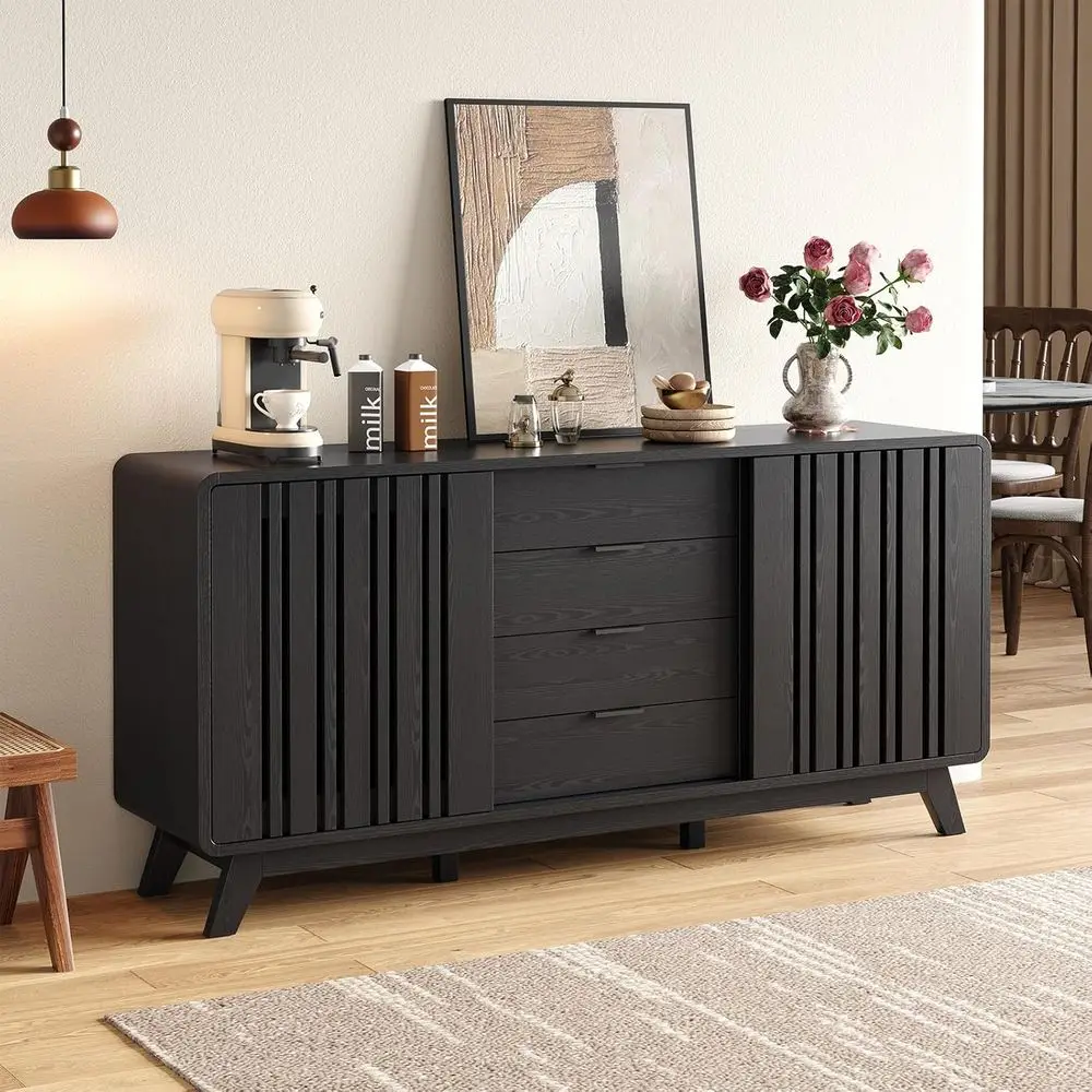 

Contemporary Sideboard Cabinet with Sliding Doors and Storage for Living Room, Kitchen, or Bar Area (Black)
