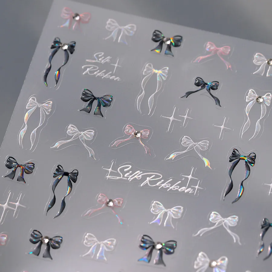 マニキュアステッカー,蝶ネクタイ,シルクリボン,ラインストーン,黒,ピンク,白,シンプルで洗練されたレース,ネイルアート,デカール