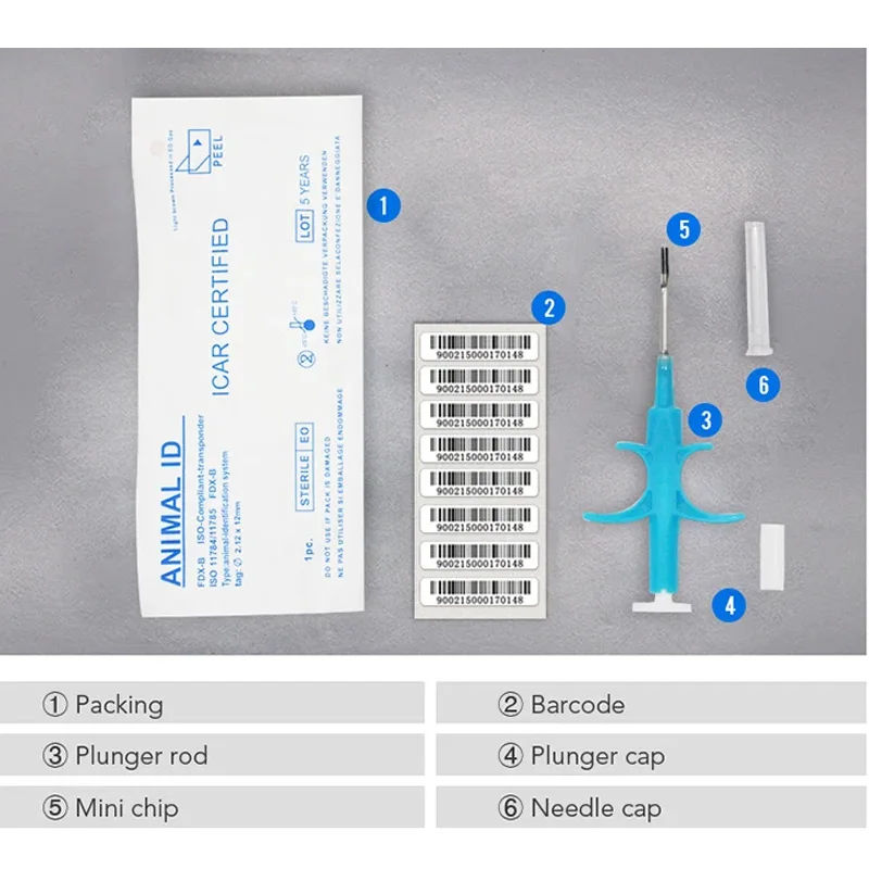 Jeringa piezas para identificación de animales, Chip ISO11784/85 FDX-B, inyección RFID, Microchip para identificación de perros y gatos, 100