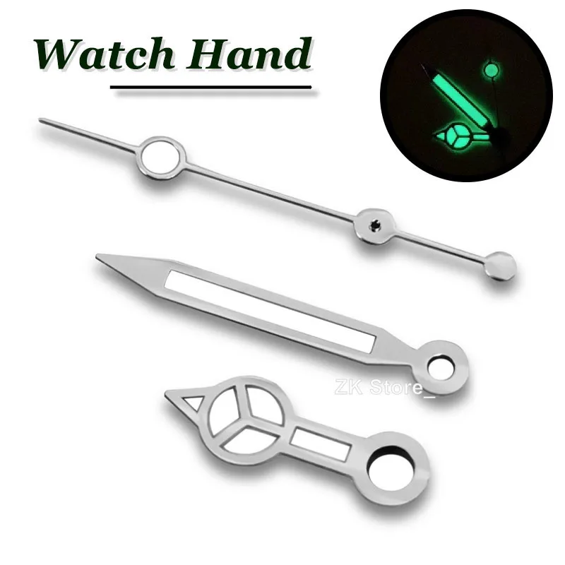 NH35 Hands Silver Watch Hands for NH35/NH36/4R/7S Movement Watches Pointers Green Luminous Three White Hands with Silver Border