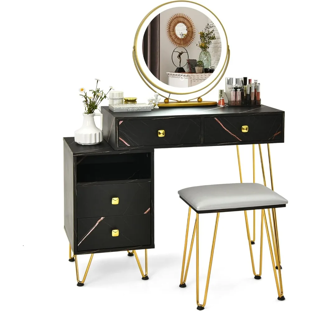 Vanity Set, Wooden Makeup Dressing Table with  Colors Lighted Mirror & Stool, Left or Right Side Cabinet, Lipstick Storage Box