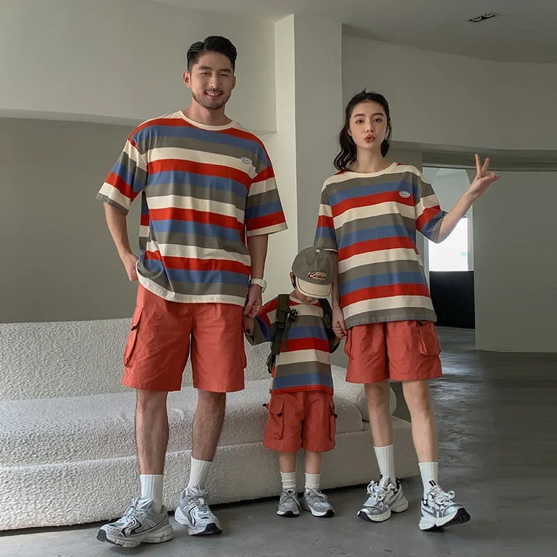 Dad Mom and Son Daughter Matching Parent-child Striped T Shirts Shorts Outfit Two Piece Sets Korean Children Clothing Summer