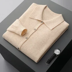 2024 New 100% Merino Wool Cashmere Sweater Men's POLO Collar Casual Knit Cardigan Fashion Warm Jake Autumn Winter