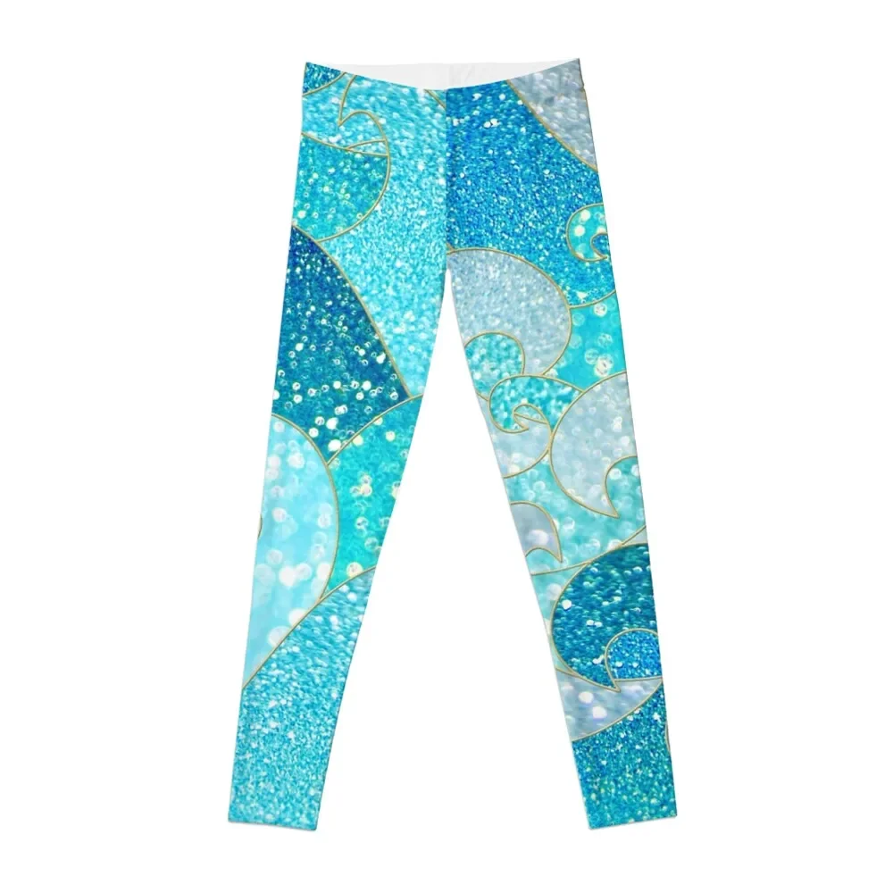 

Teal, Silver and Blue Sparkle Faux Glitter Mermaid Waves Leggings Women sportwear gym clothing Womens Leggings