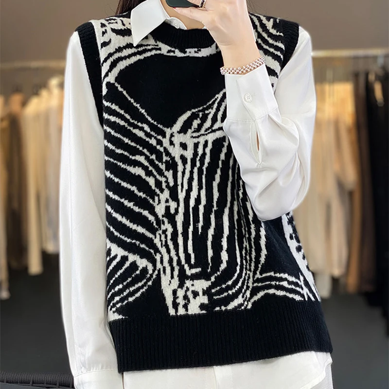 

Contrast Color Print Women Sweater Vest Casual O-Neck Loose Knit Vest Worn Outside Pullovers Fall Winter Vintage Waistcoat Tops