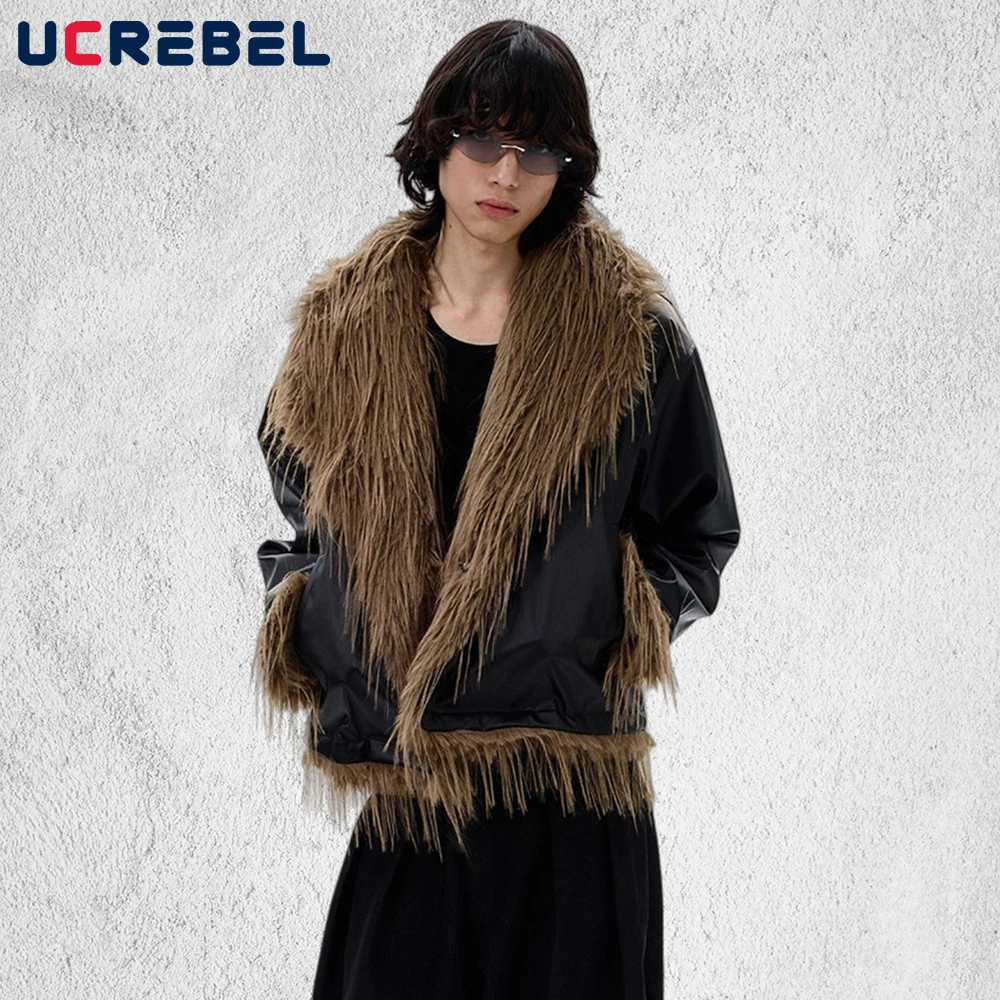 

Fur Collar Spliced PU Leather Jacket Mens Retro High Street Winter Thick Long Sleeve Padded Jacket Man