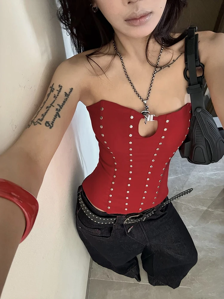 Sisterlinda Weihnachten Niet Trend Tank Top Frauen Sexy Klassische Hohl Ärmellose Stretch Dünne Coquette Mitternacht Party Club Weste