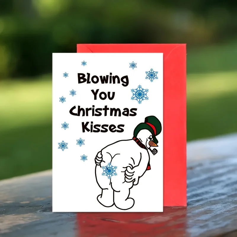 

2pcs "Blowing You Christmas Kisses" Funny Cartoon Snowman Greeting Card, Office Supplies Holiday Themed Humorous Christmas Card