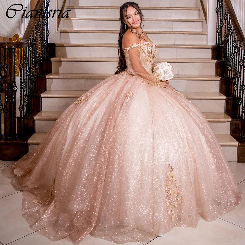 Rose Gold 3D Flowers Ball Gown Quinceanera Dresses Beading Pearls Detachable Sleeve Corset Vestidos De 15 Años