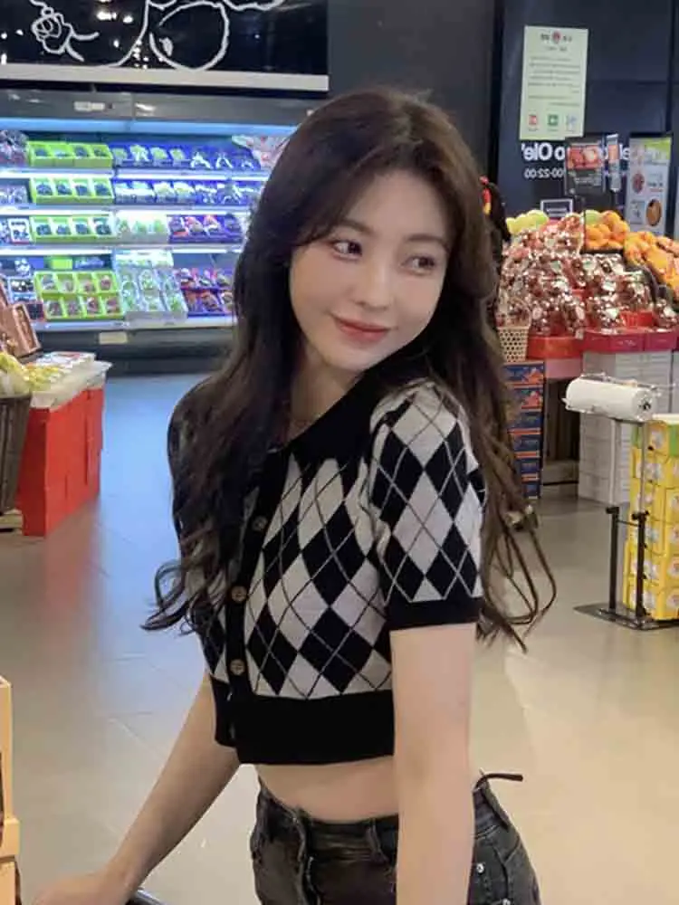 

Chic Ne Knitted Sweater Women's Slim Fit Plaid irt Sli Spring 2026 New Arrival Casual Sle ort Sve Button up