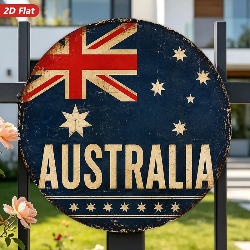 2D Flat, 1pc Australia Heritage Round Metal Sign Wall Art, Australia Text, Union Jack Detail, Southern Cross Stars, Perfect for