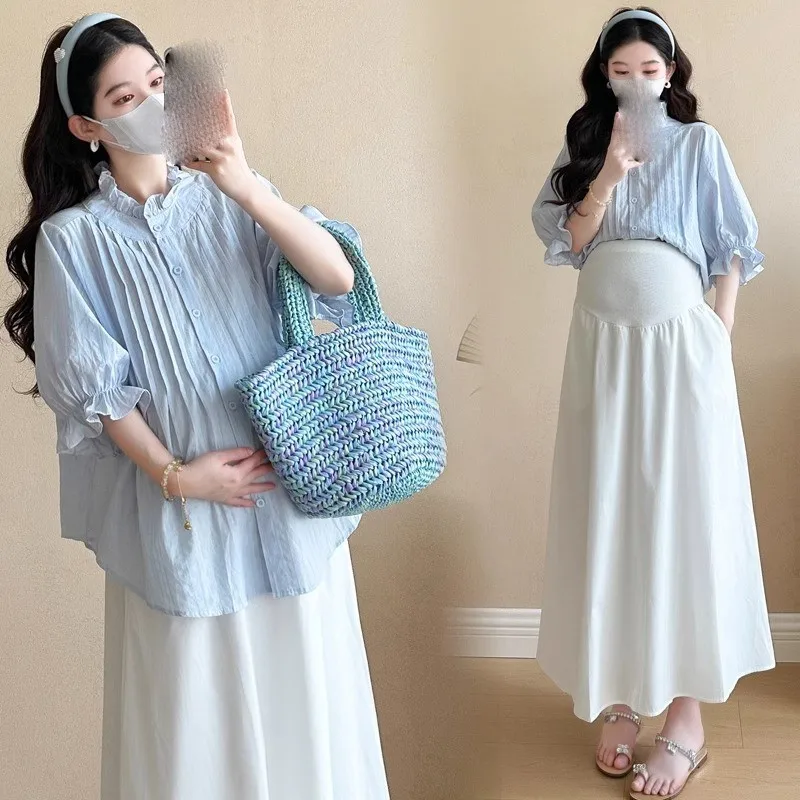 妊婦の夏のファッショントップスカート-2-点セット妊婦無地通気性シャツトップドレス服セット-lj346