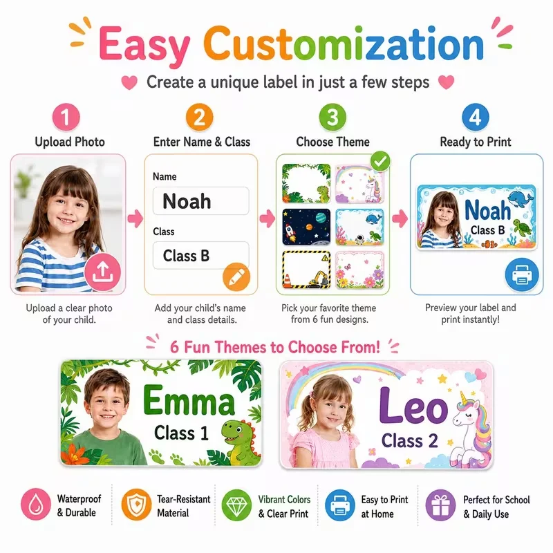 Custom Photo Name Stickers Personalized Labels for Water Bottles Lunch Boxes Notebooks Pencil Cases Storage Bins School Supplies