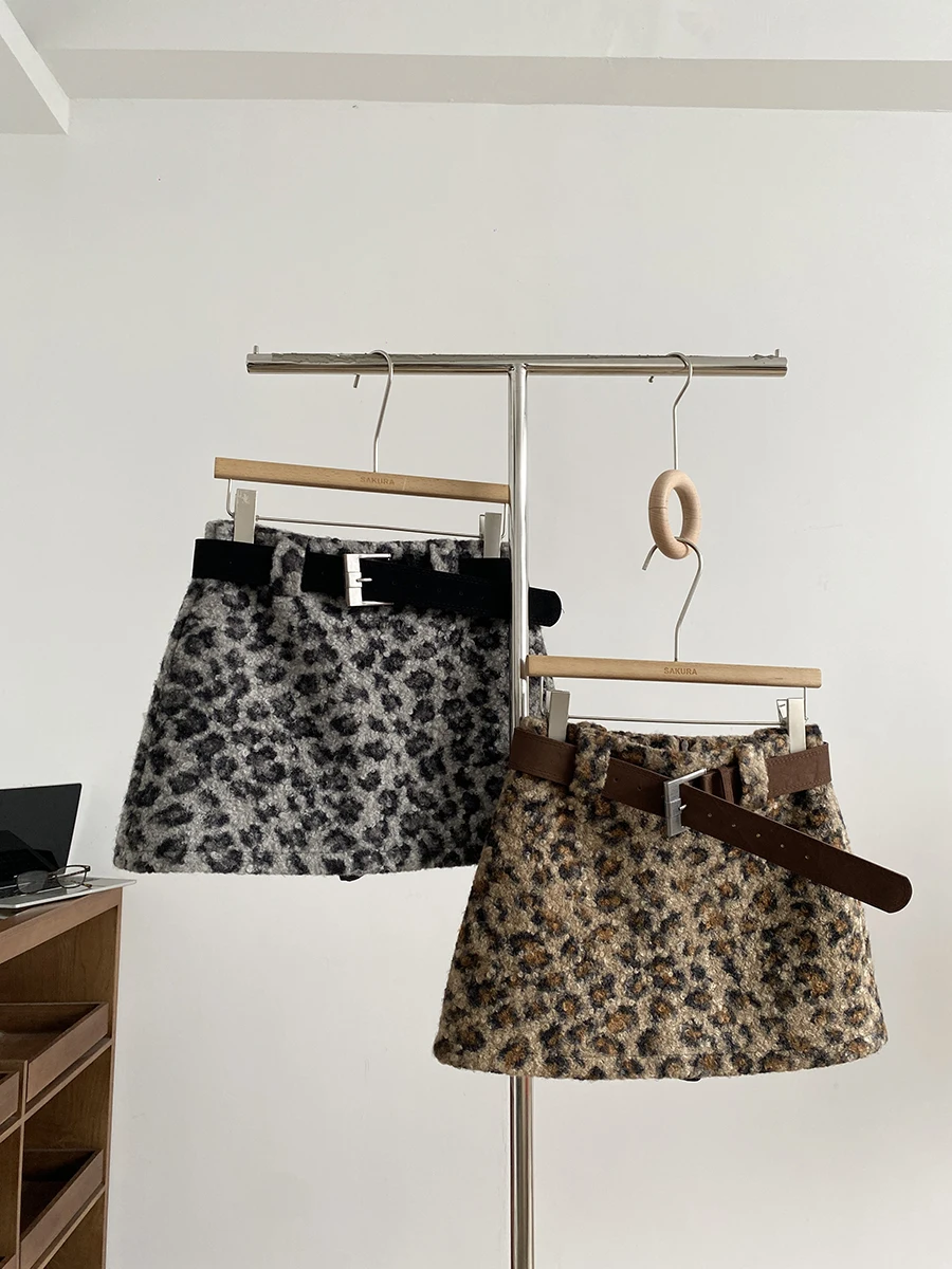 Retro American Fashion Loose Fit Leopard Print Lamb Fur Half Skirt Slim Short Skirt Women's High Waist Polyester Fiber