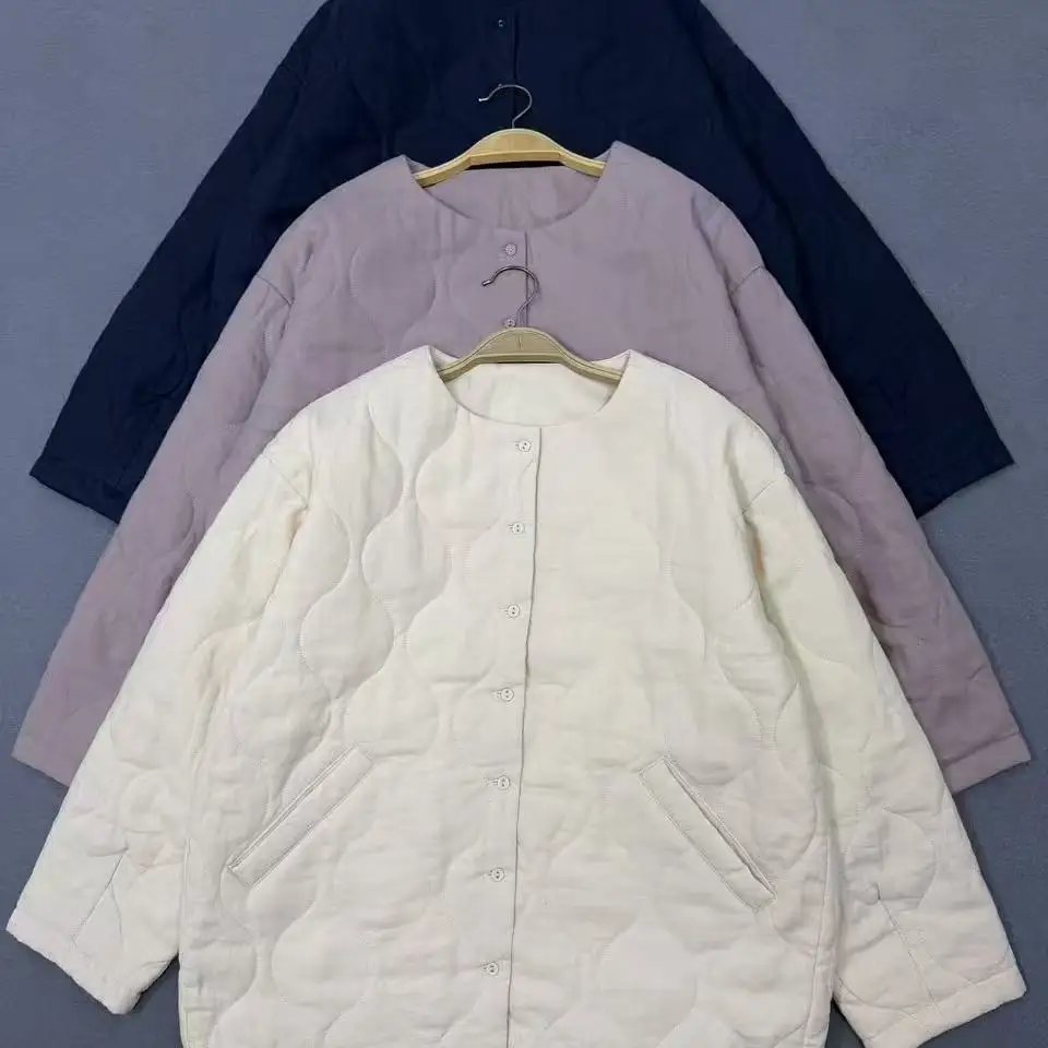 

Thickened Pure Linen Fabric Women's Cotton Coat round Neck Winter New Style Warm Flax Outerwear Color Japanese Sweet Style