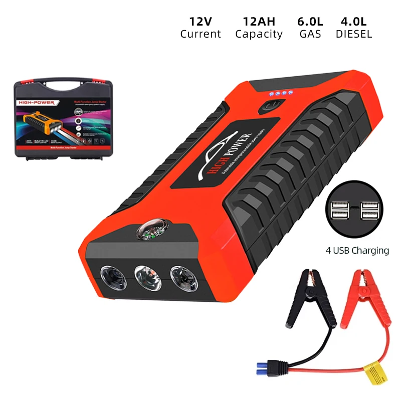 4-USB Charging Car Jump Starter 12V 12000mAh Emergency Starting Power Supply Car Truck Auto Starting Device Air Pump Start