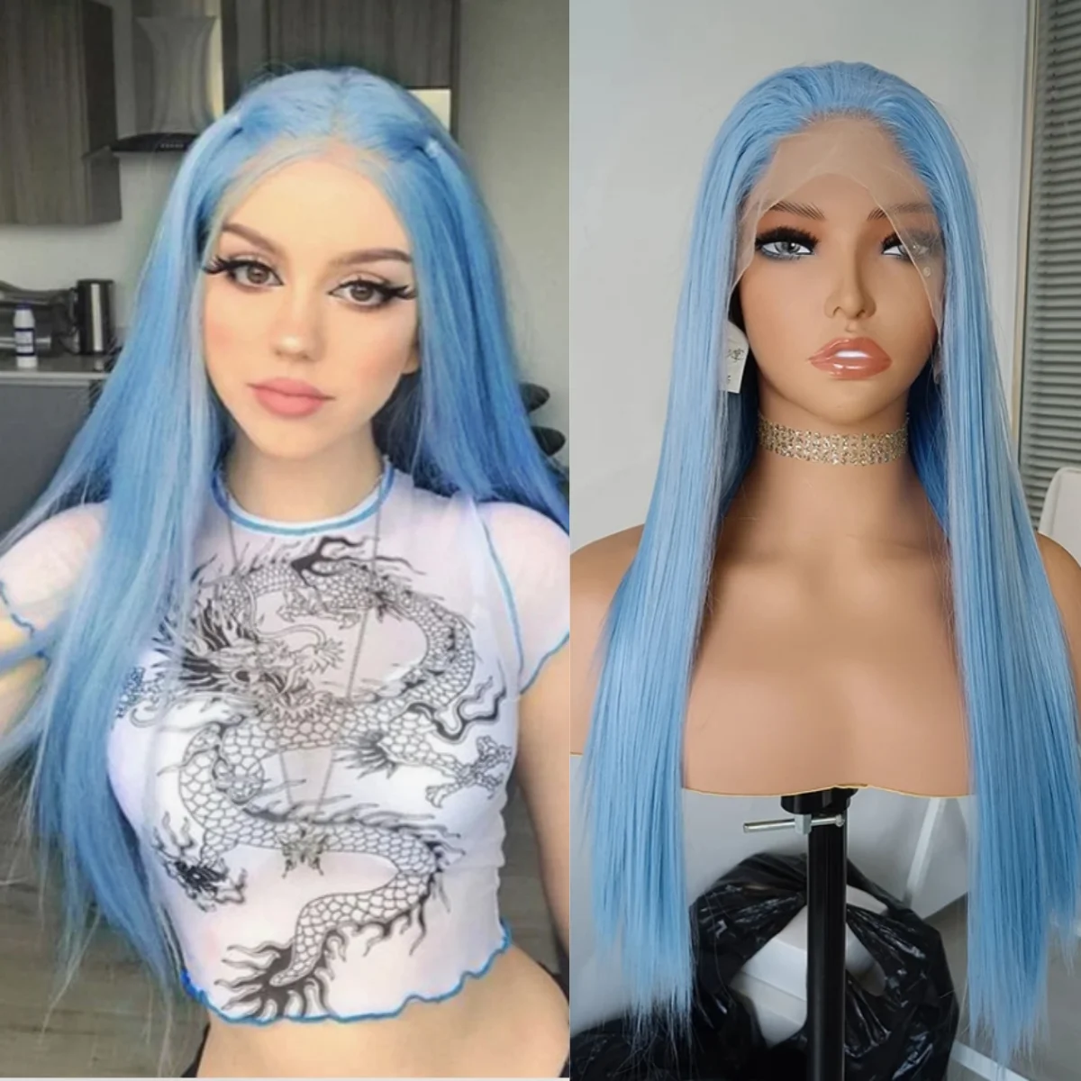 

RDY Light Blue Wig Long Straight Synthetic Lace Front Wig Glueless Sky Blue Colored Hair Frontal Lace Wigs for Women Daily Party