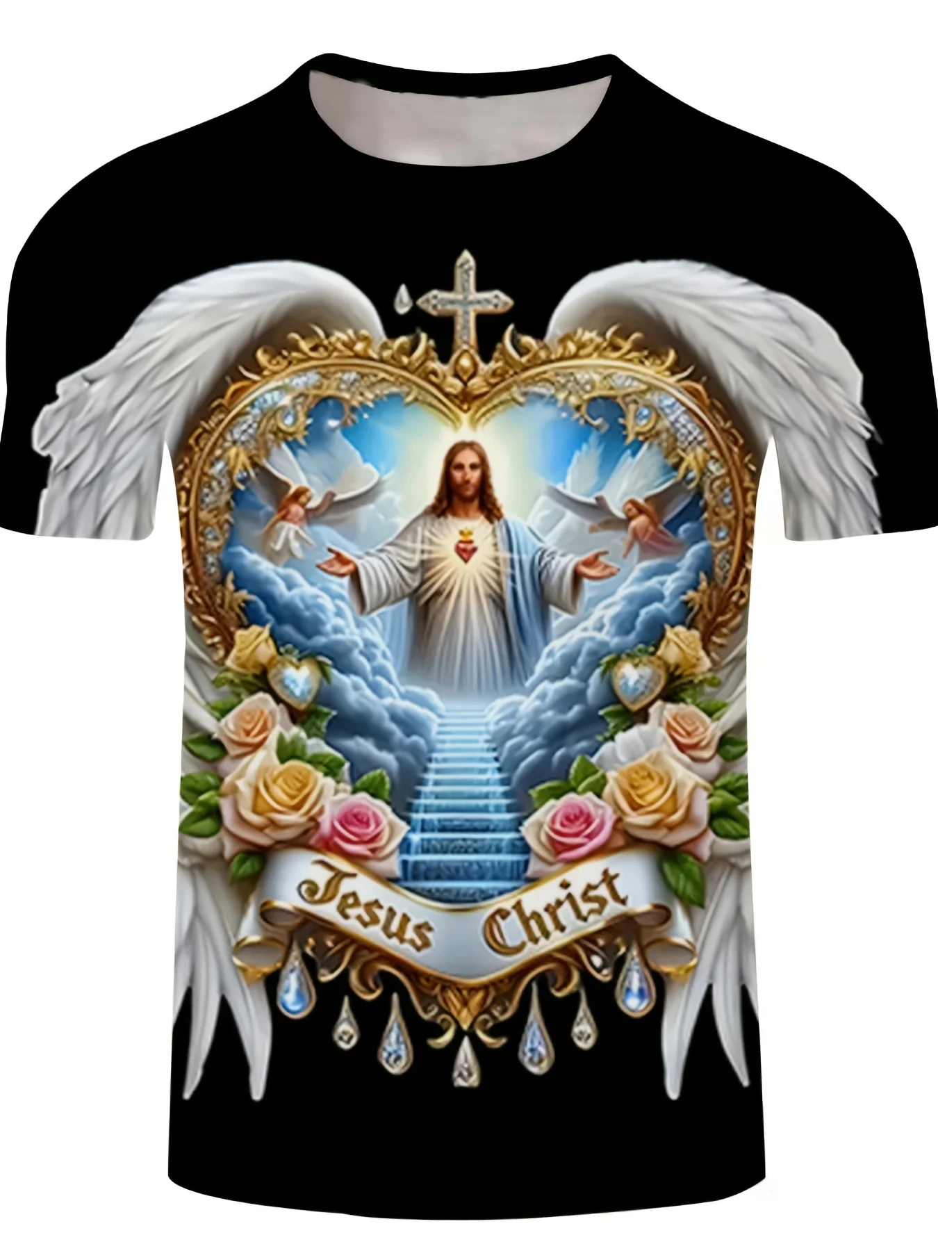 [Artistic Flair] T-shirt graphique Jésus-Christ angélique 3D pour hommes – T-shirt décontracté en polyester noir avec ailes dorées et motif floral