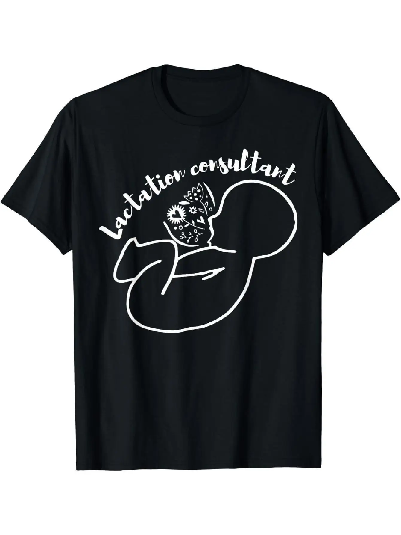 IBCLC Футболка с поддержкой грудного вскармливания для консультации лактации — черная с белым рисунком грудного вскармливания и цветочным узором, мягкая стрейч IBCLC Футболка с поддержкой грудного вскармливания для консультации лактации — черная с белым рисунком грудного вскармливания и цветочным узором, мягкая стрейч