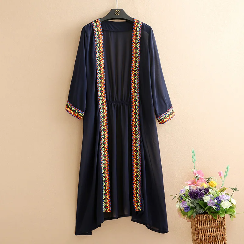 New Arrival 2023 Summer Vintage Women\'s Long Kimono Chiffon Blouses Retro Woman Loose Embroidery Boho Cardigan Causel Outwear