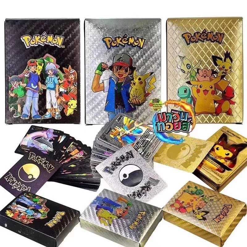 

55 шт. золотых фольгированных карт Pokemon с золотыми буквами на английском, испанском, французском, немецком языках, игровые карты Metalicas Charizard Vmax Gx Series, подарок