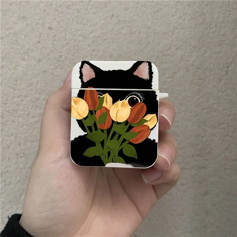 Caroon Cat Matte Black White TPU Soft Case For AirPods Pro 2nd Headphone Case For AirPod 1 2 3 Flower Earphone Protective Cover