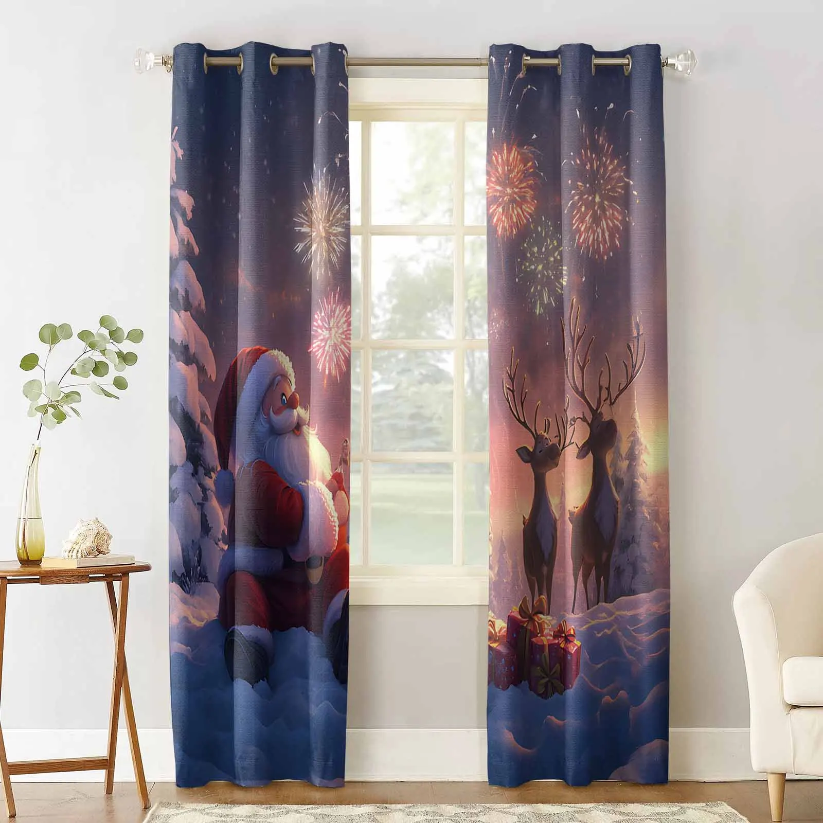 Christmas Santa Reindeer Fireworks Gifts Curtains for Living Room Bedroom Decorative Window Treatment Drapes Kitchen Curtains