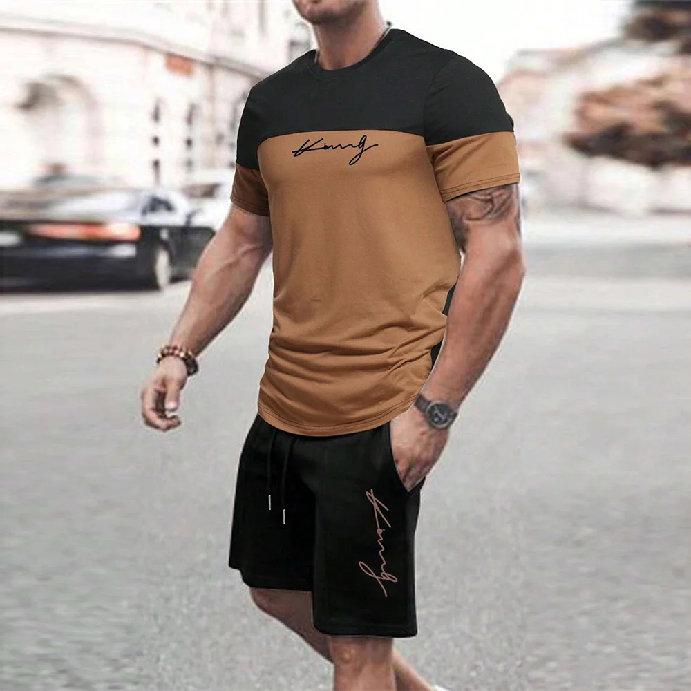 

New Men's 3D Printed Casual T-shirt Set, Shorts, Capre Pants Two-piece Suit, Clothing, Running Suit