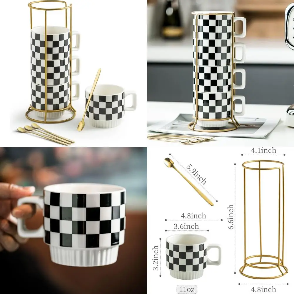 

Stackable Coffee Mug Set of 4 with Rack 11 oz Tea Cup Set with Little Spoon for Coffee Tea Cocoa Milk, Checkered Black and White