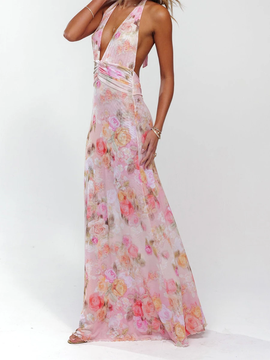 Elegant Floral Print Maxi Dress Sleeveless Halter Neckline with Open Back Women s Summer Party Gown in Polka Dot Pattern