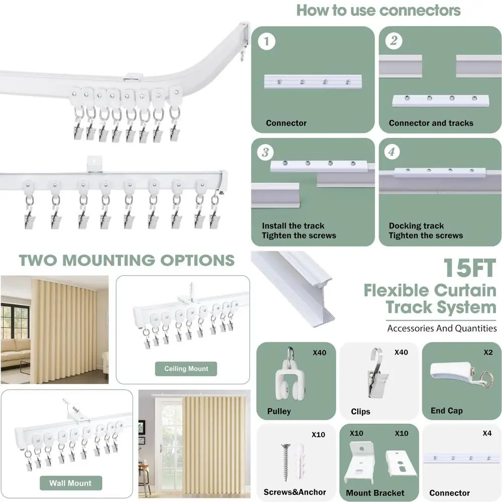 

Adjustable Flexible Ceiling Curtain Track, Room Divider Rod, Heavy-Duty for Living Room, Shower, RV, White, 15ft