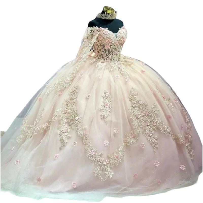 Vestido Quinceanera rosa para meninas, flores 3D frisadas, vestido de baile com capa, vestidos de festa árabe do México, 16