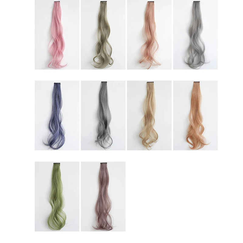 Long curly hair Color Hair Piece Hair Extensions Clip In Highlight Rainbow Hair Streak Pink Synthetic Hair Strands on Clips