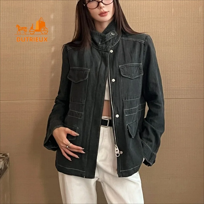 

2025 New Autumn Women's Drawstring Denim Jacket, 100% Cotton, High Quality Durable Loose and Comfortable Casual Warm Coat