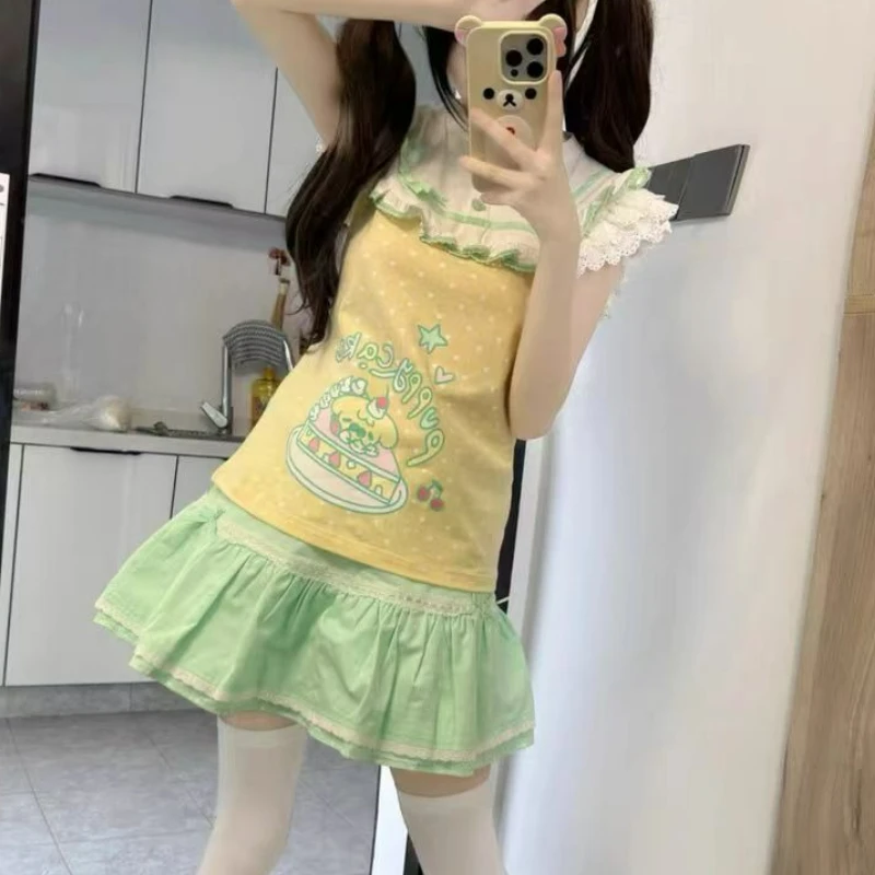 

Japanese Kawaii Lolita Style Skirt Set Women Sweet Cartoon Print Flying Sleeve T-shirt Cake Mini Skirts Harajuku Y2k Skirt Suit