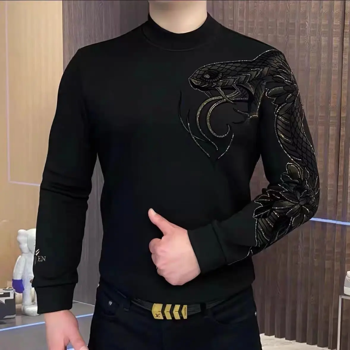 Autumn Rhinestone Snake Print Hoodies Sweatshirts Men Thick Warm Business Social Pullover Round Neck Streetwear Sweatshirt M-4XL