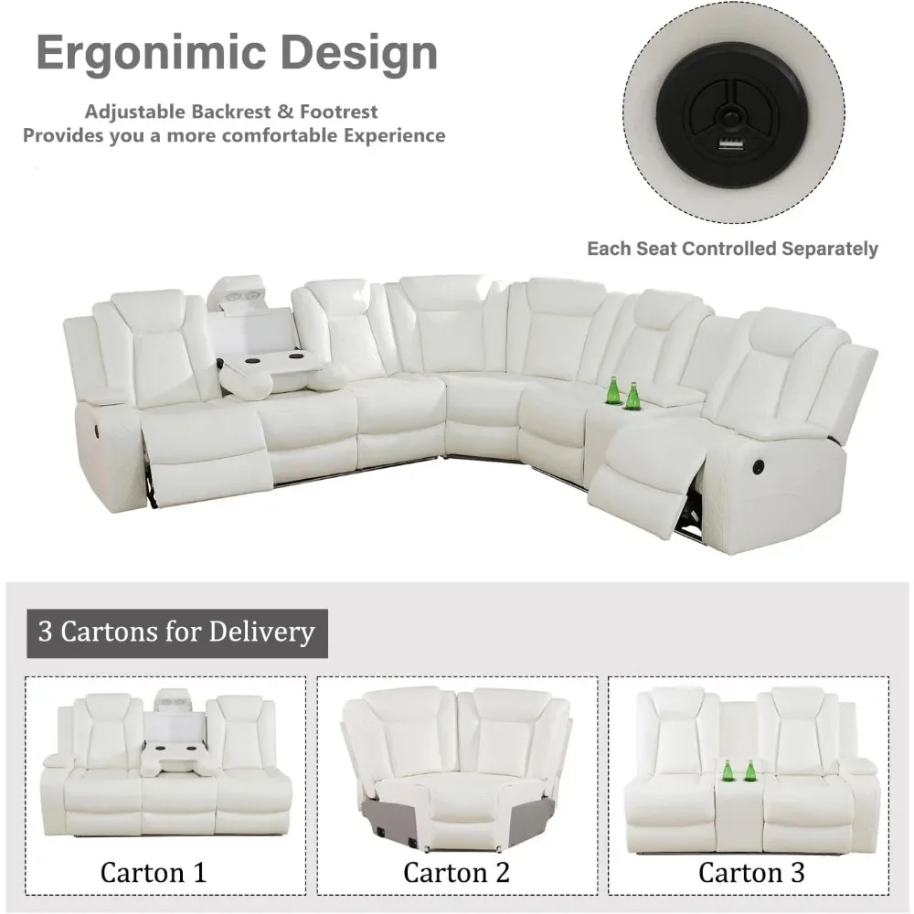 Power Reclining Sectional Sofa USB Chargers And Storage Console, Leather Recliner Sofa For Living Room Set, Reclining Sofas