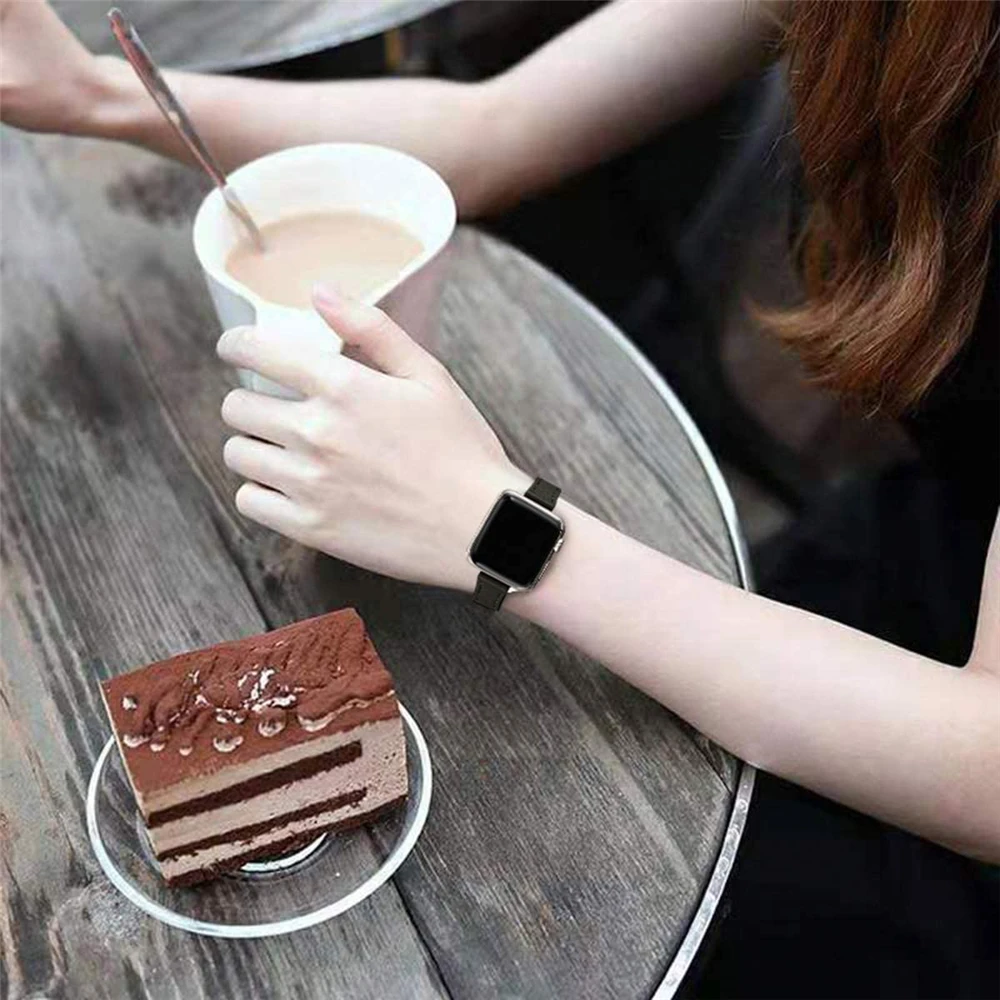 For apple watch ultra 2 49mm 6 se 40mm 44mm 8 41mm 45mm band Slim Leather strap for iwatch 9 8 7 5 38mm bands women Thin correa image 5