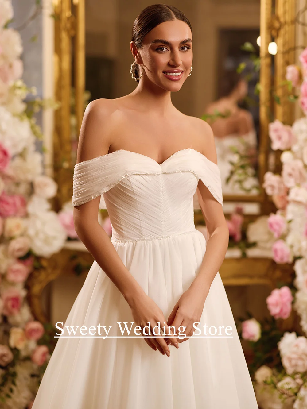 فستان زفاف من Vestidos De Novia مخصص قبالة الكتف ورقبة على شكل V لؤلؤ مطرز على شكل حرف A سويب تراين ناعم من التل فستان العروس