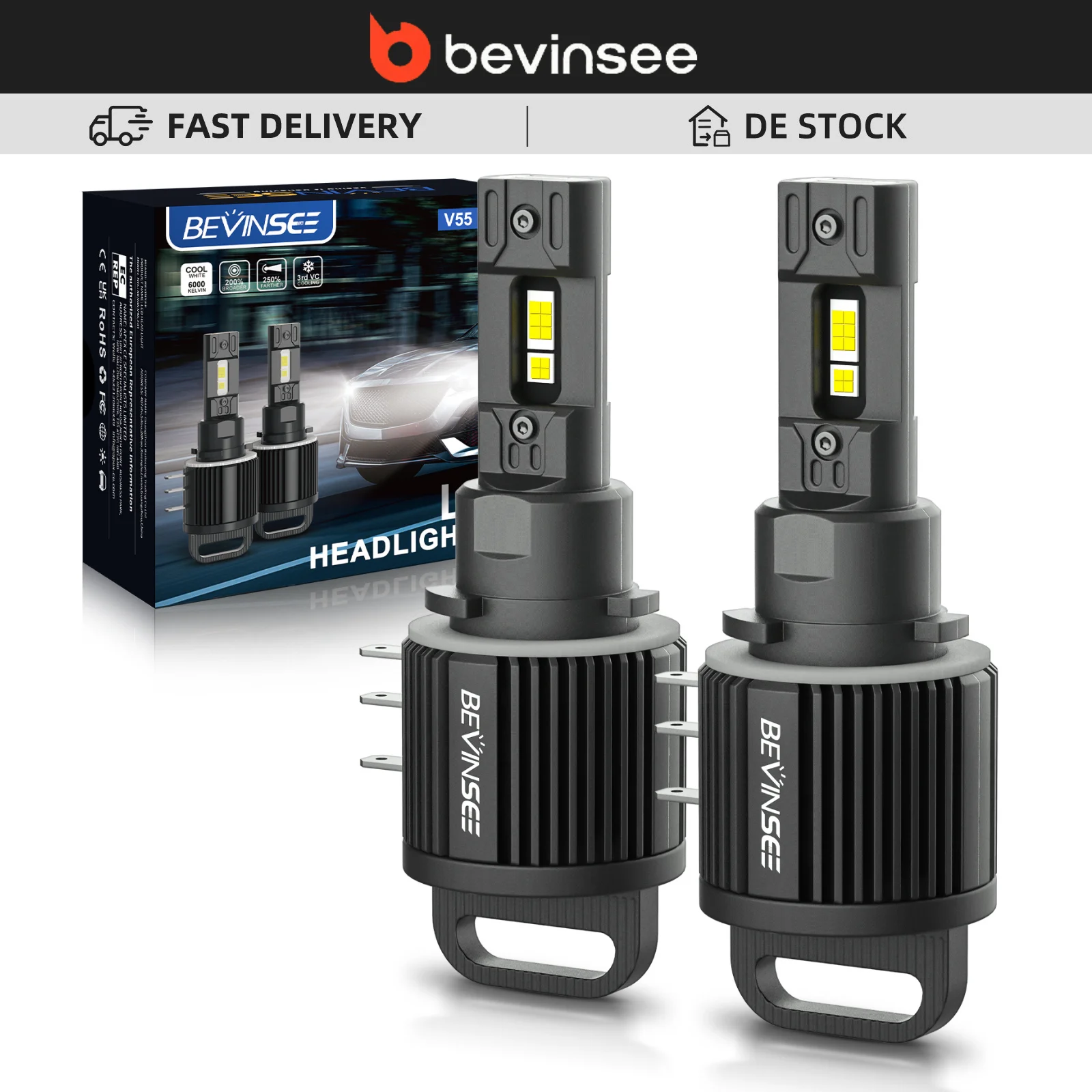BEVINSEE 110W H15 LED-Autoscheinwerferlampen 11000LM Superhelle Fernlicht + Tagfahrlicht H15 Auto-LED-Lampe 12V für VW für Golf MK7/6 für Audi A3 A5 A6