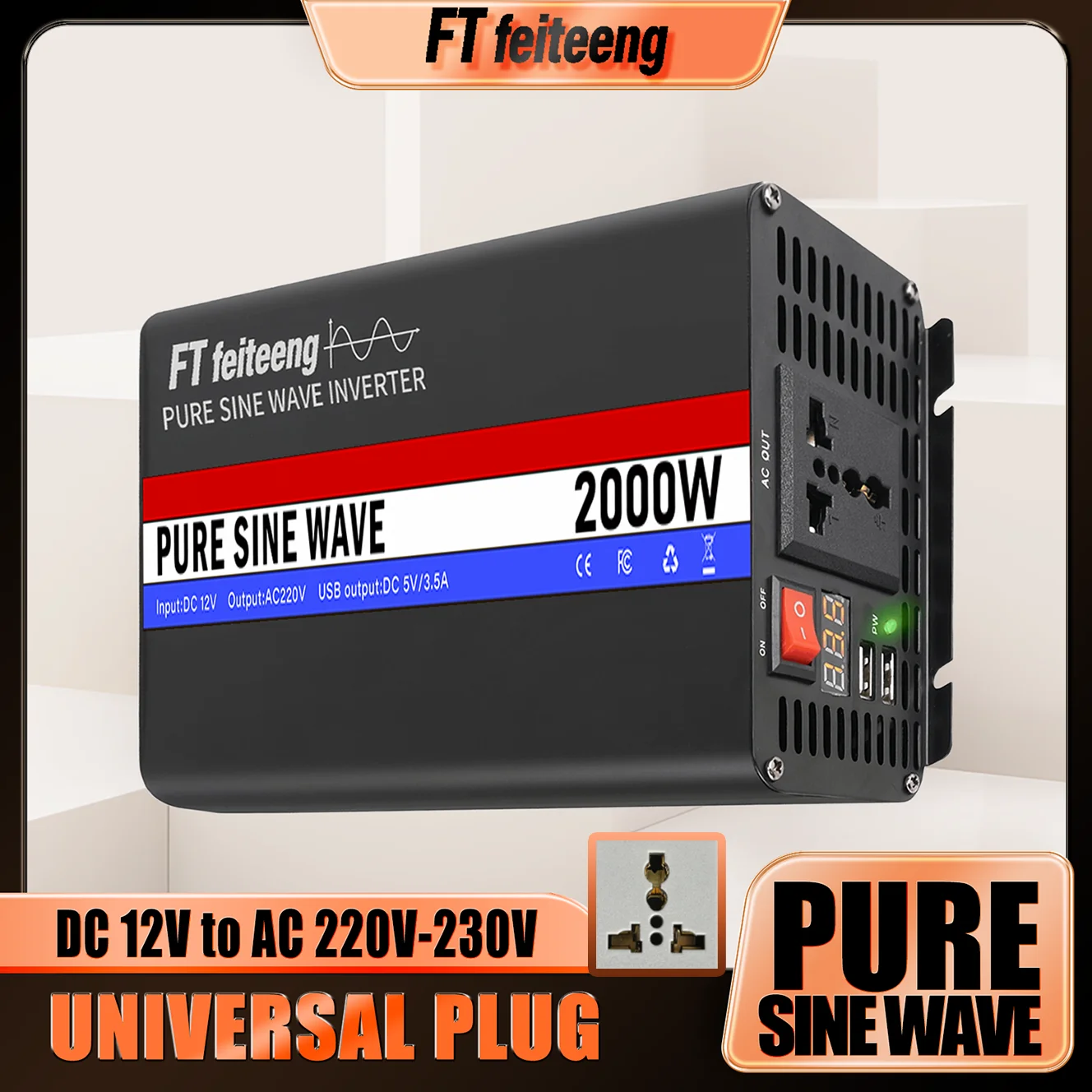 

FT Feiteeng Pure Sine Wave Power Inverter 12V to 210V-230 AC, Universal Plug for Car RV Home Use with LCD Display & USB Ports