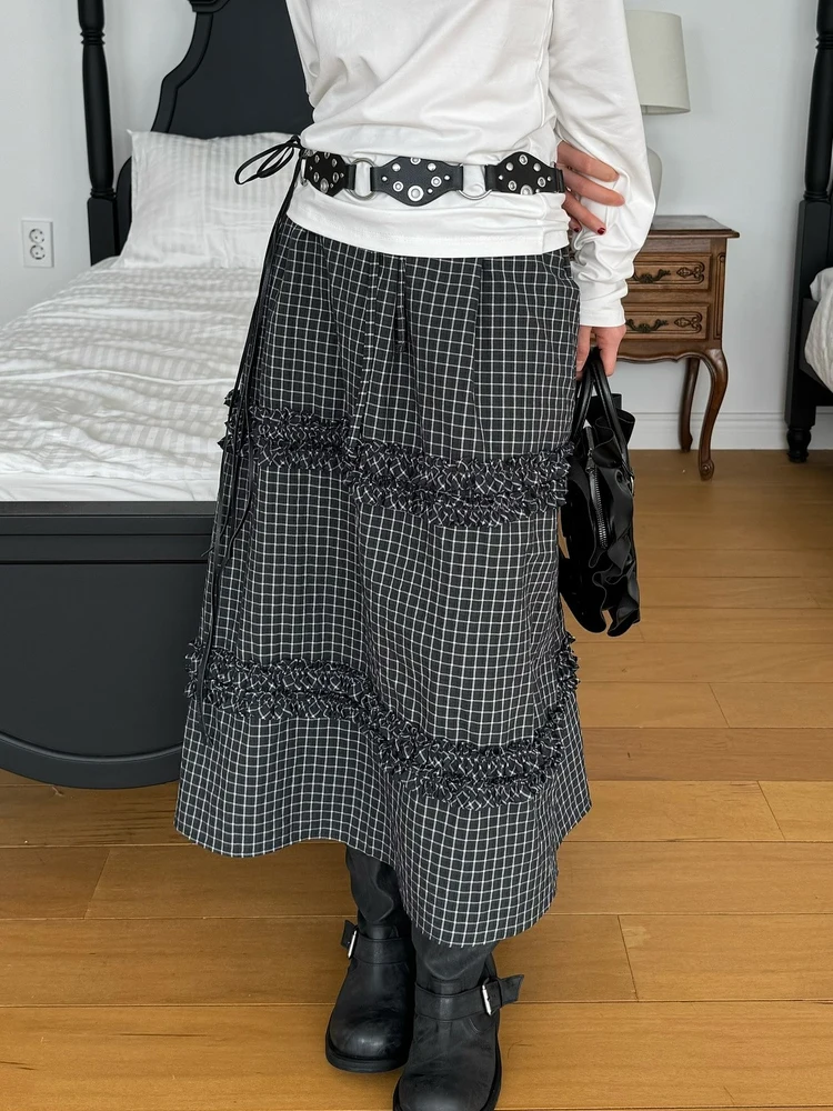 

Ретро плиссированная хлопковая клетчатая многослойная кружевная юбка с эластичной резинкой на талии, длинная юбка с высокой талией, свободная посадка для поездок на работу