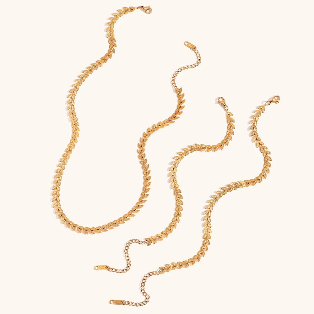 Women's Elegant Leaves Chain Necklace & Fishtail Chain Bracelet Anklet Set, Gold Plated
