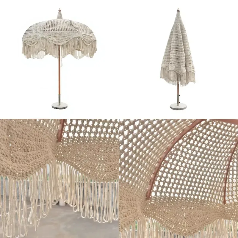 Custom Bohemian Style Pagoda Beach Parasol Handmade Lace Cotton Rope Umbrella Wood Grain Aluminum Rod Outdoor Beach Resort