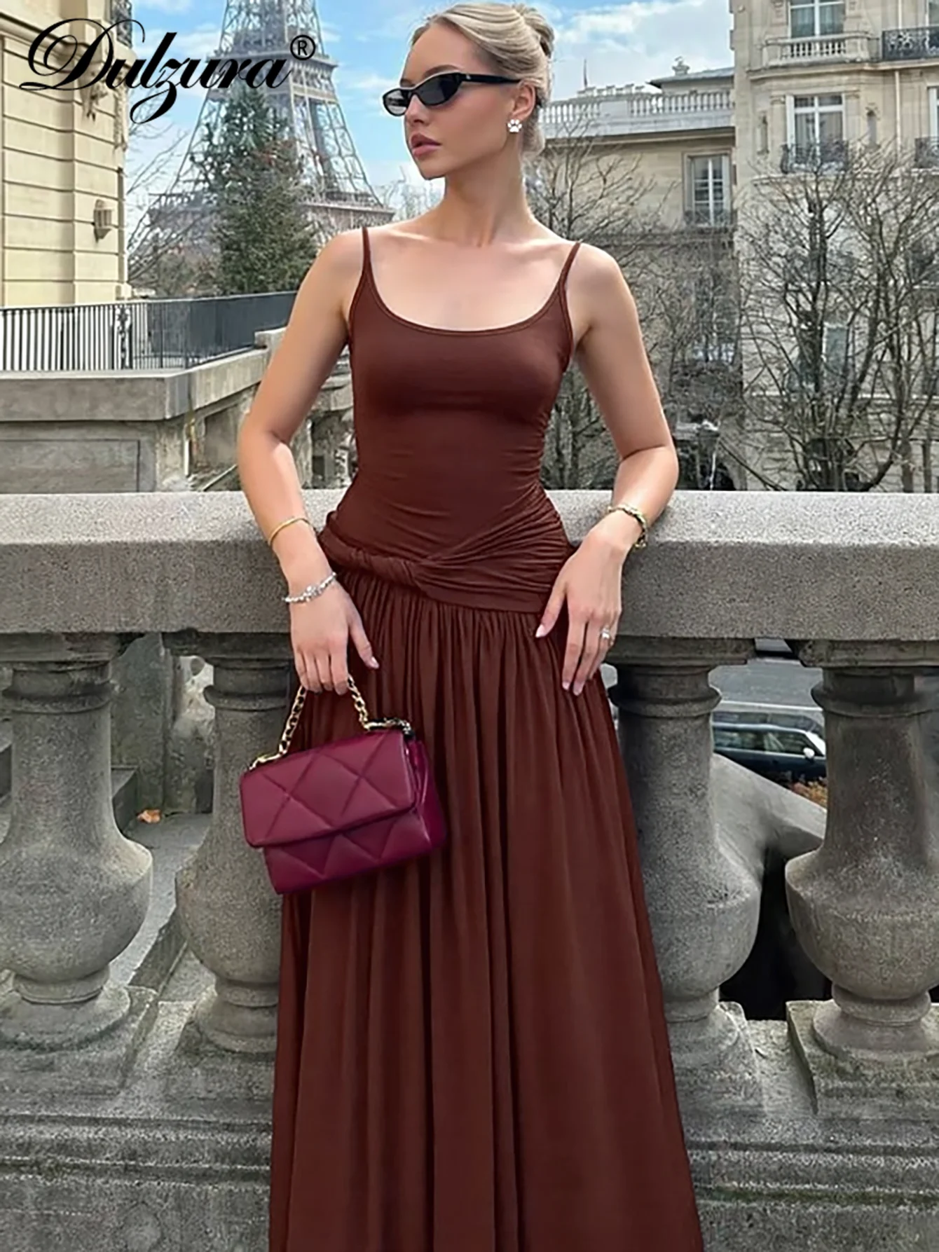Dulzura Senza maniche Backless Aderente Increspato Cami Abito lungo a pieghe Solido Sexy Elegante Maxi Dress Party Club Street Summer Outfit