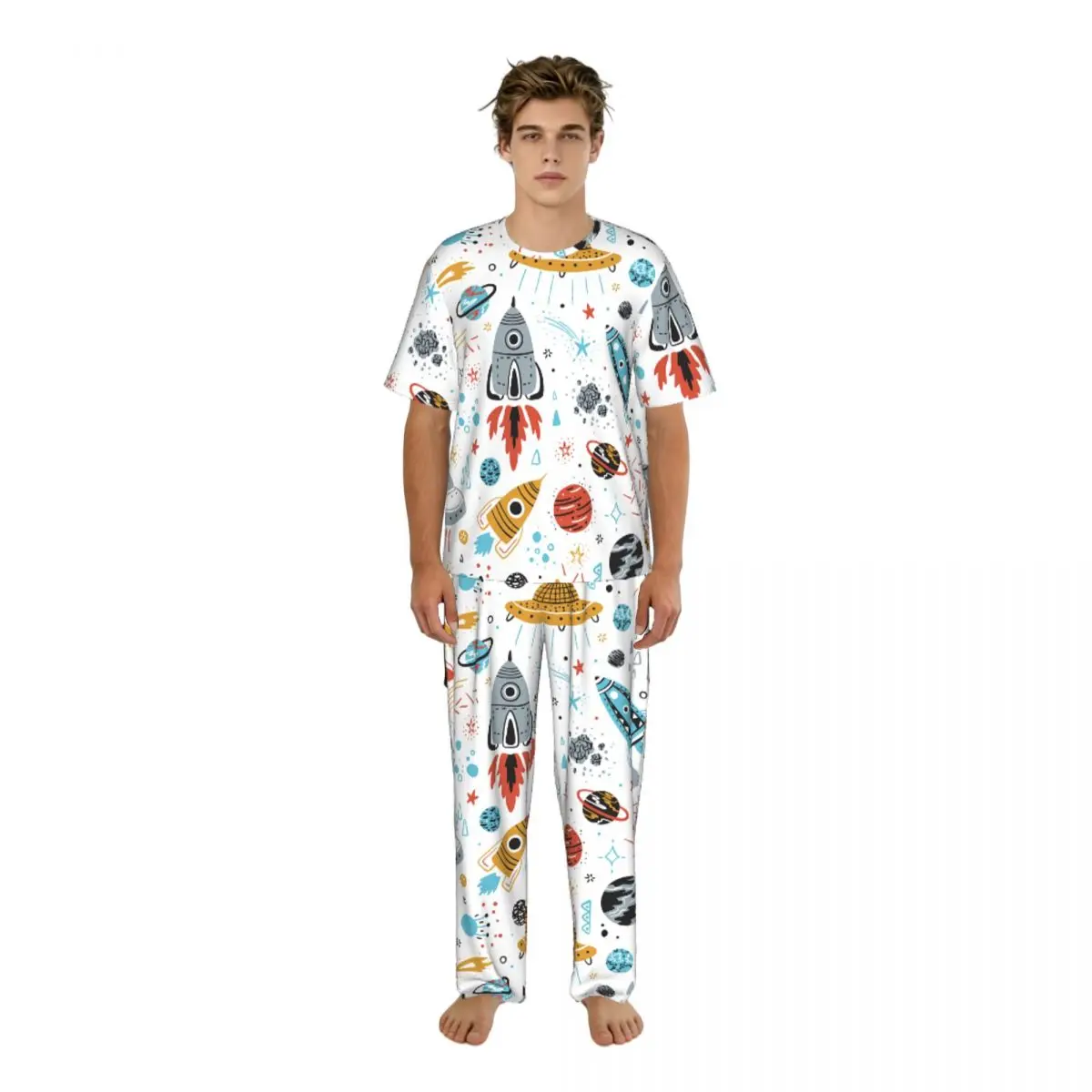 Men Pajamas Set Cartoon Rockets Planets Stars Comets And UFOs Short Sleeve Spring Summer Lounge Sleepwear Male Nightwear