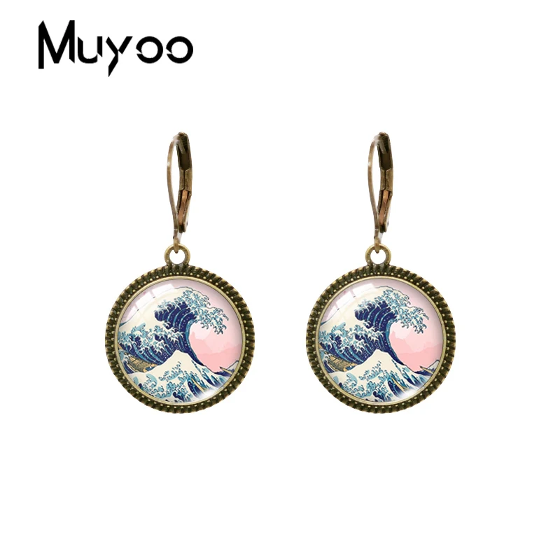 2023 New The Great Wave of Kanagawa Dangle Earring Art Painting Vintage Earrings Round Glass Dome Handmade Jewelry