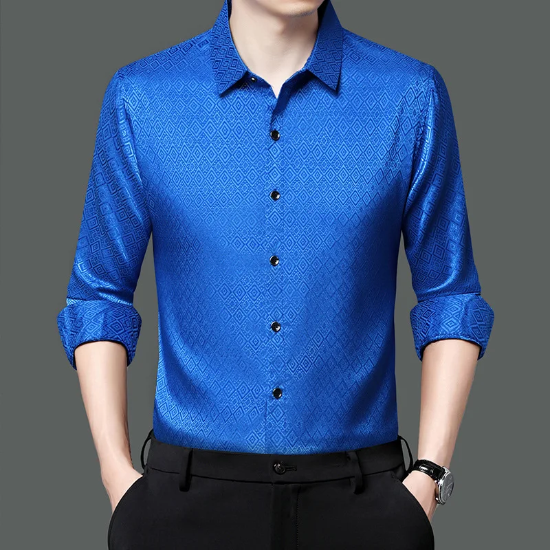 Formal Luxurious Dress Black Shirts For Men Lapel Long Sleeve Business Work Shirts Male Slim Fit Casual Workplace Chemise Hombre