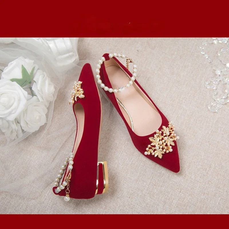 Red High Heel Wedding Shoes for Women 2023 New Lace-up Beaded Bride Toasting Wedding Dress Two-Way Not Tired Feet Women Shoes